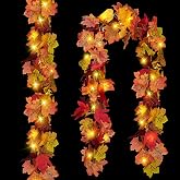 CQURE 2 Pack Fall Leaf Garland with Lights,Fall Decor Halloween Lights Artificial Maple Leaves Autumn Garland Hanging Vines Thanksgiving Decor for Home Christmas Autumn