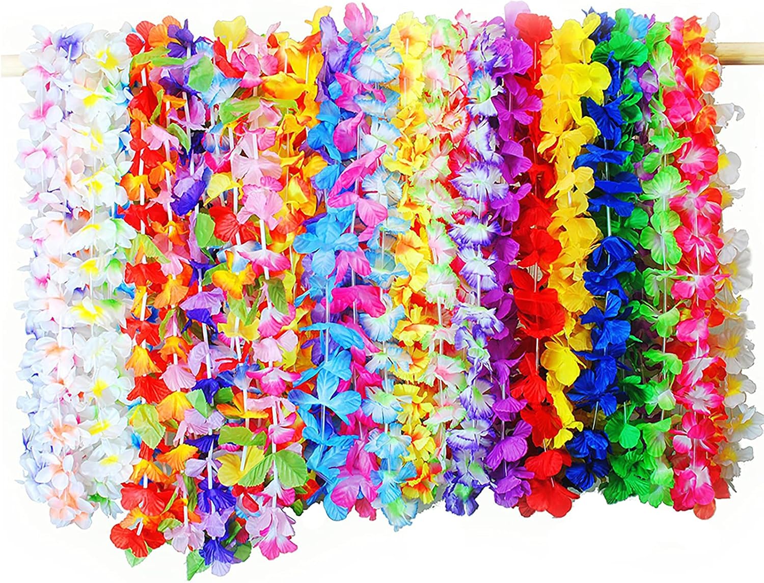 Hawaiian Leis Garland Necklace,36Pcs Colorful Ruffle Rainbow Flowers,Tropical Luau Flower Lei Silk for Summer Theme Dress Party Decorations,Beach Vacation Birthday Party Favors,Wedding Party Supplies