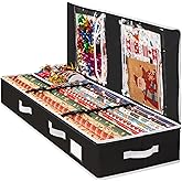 Criusia Gift Wrapping Paper Organizer Storage, Durable Underbed Storage Container Fits 24 Rolls, with Removable Dividers and Pockets for Ribbon, Ornaments, Holiday Accessories, Black