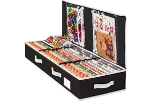 Criusia Christmas Gift Wrapping Paper Organizer Storage, Durable Underbed Storage Container Fits 24 Rolls, with Removable Dividers and Pockets for Ribbon, Ornaments, Holiday Accessories, Black