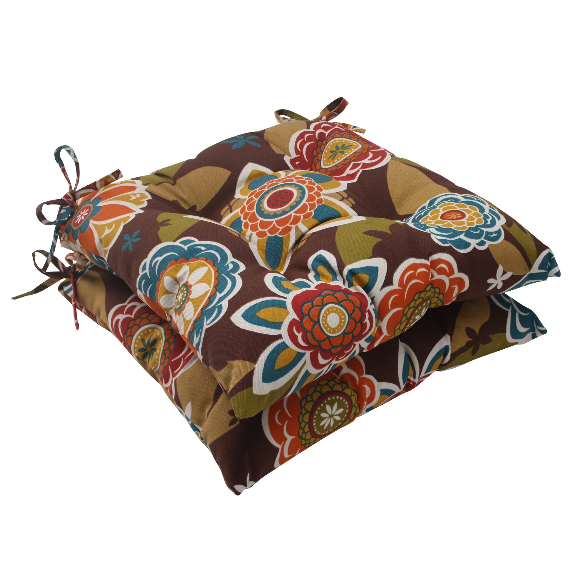 Pillow PerfectFloral Indoor/Outdoor Chair Seat Cushion with Ties, Tufted, Weather, and Fade Resistant, 18.5" x 19", Brown/Orange Annie, 2 Count