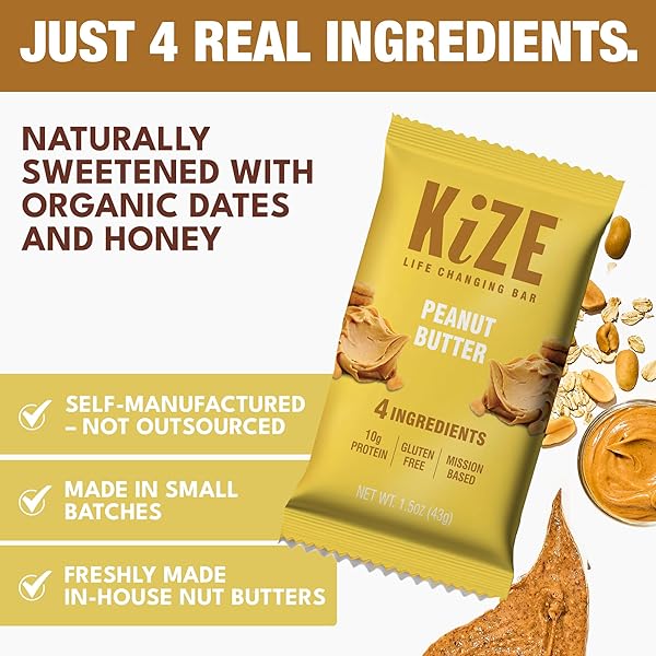 KIZE ENERGY BARS – PEANUT BUTTER – GLUTEN FREE, NON-GMO, AND HIGH PROTEIN MEAL REPLACEMENT ENERGY BARS, CLEAN AND SIMPLE FOOD INGREDIENTS – 10G HIGH PROTEIN SNACKS, (10 COUNT)