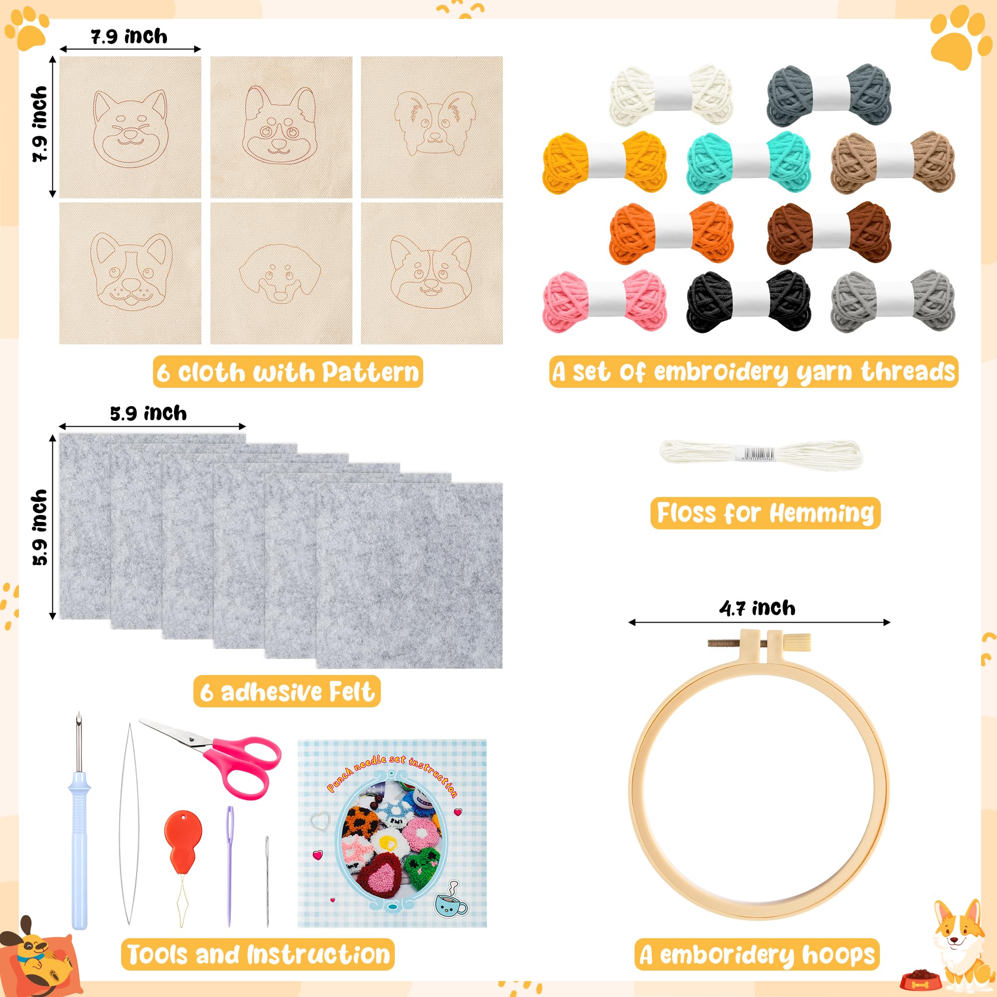 WATINC Puppy Punch Needle Coaster Kit - 6 Patterns Dog Punch Needle Embroidery Craft Kit, DIY Felting Coaster for Adults Beginners with Adhesive Yarns Fabric Felt Hoop Tools Instruction