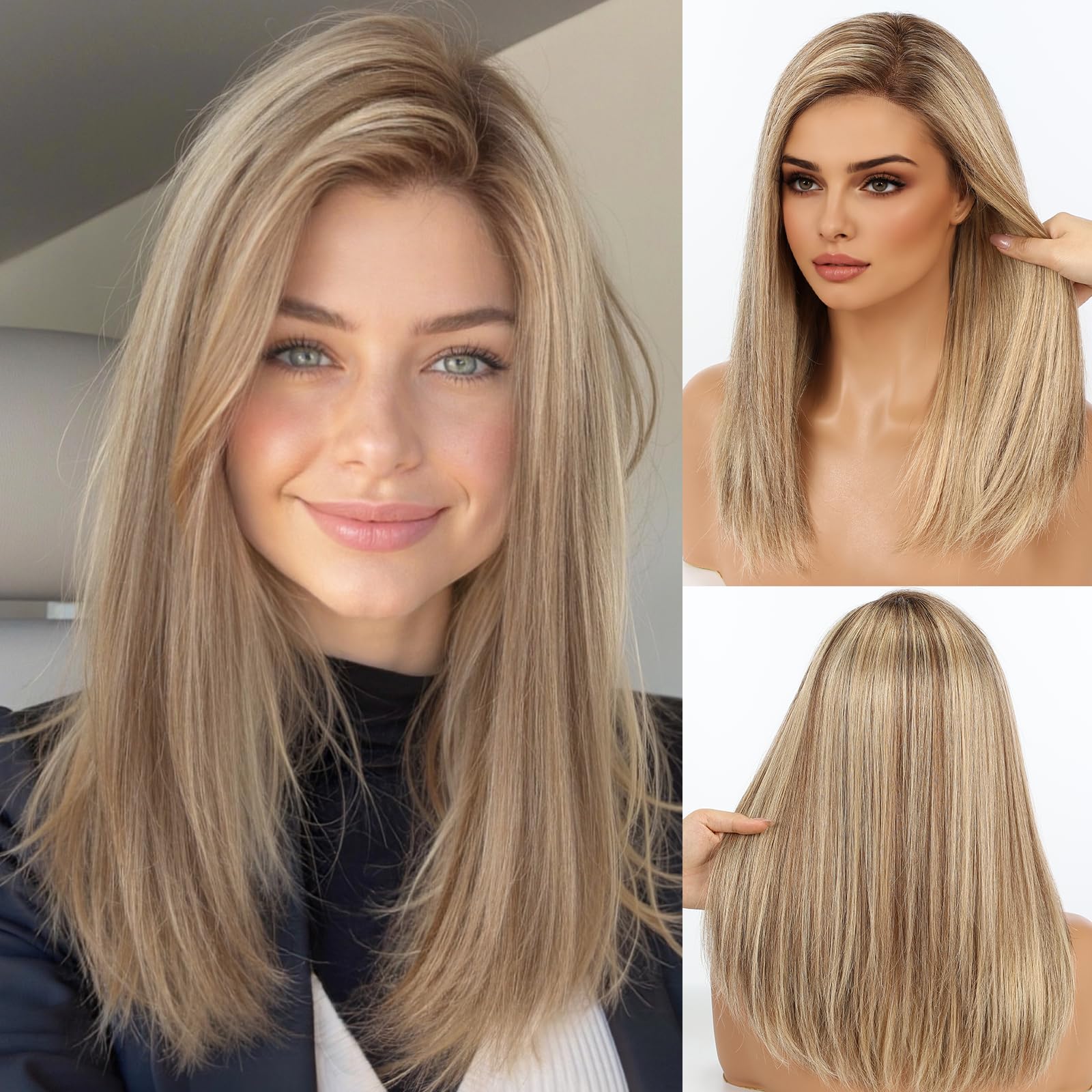 Photo 1 of starluck Human Hair Wig for Women HD Lace Front Wigs Real Human Hair Wigs Warm Blonde Mixed Light Brown (2T613/M6/16A#) Layered Wig 16 Inch Realistic and Resistant for Daily Party Use