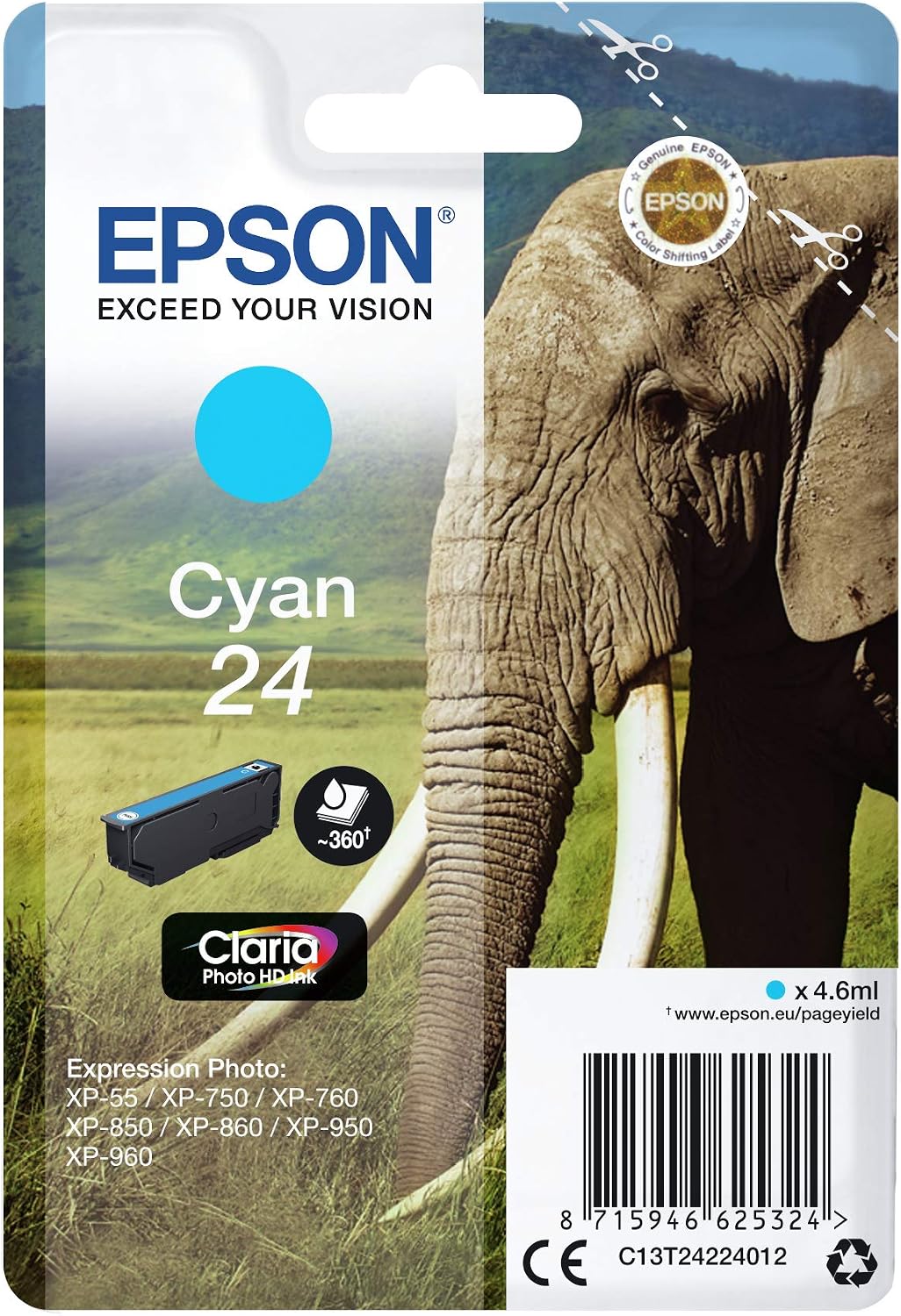 Epson 24 Cyan Elephant Genuine, Claria Photo HD Ink Cartridge, Standard - Image 4