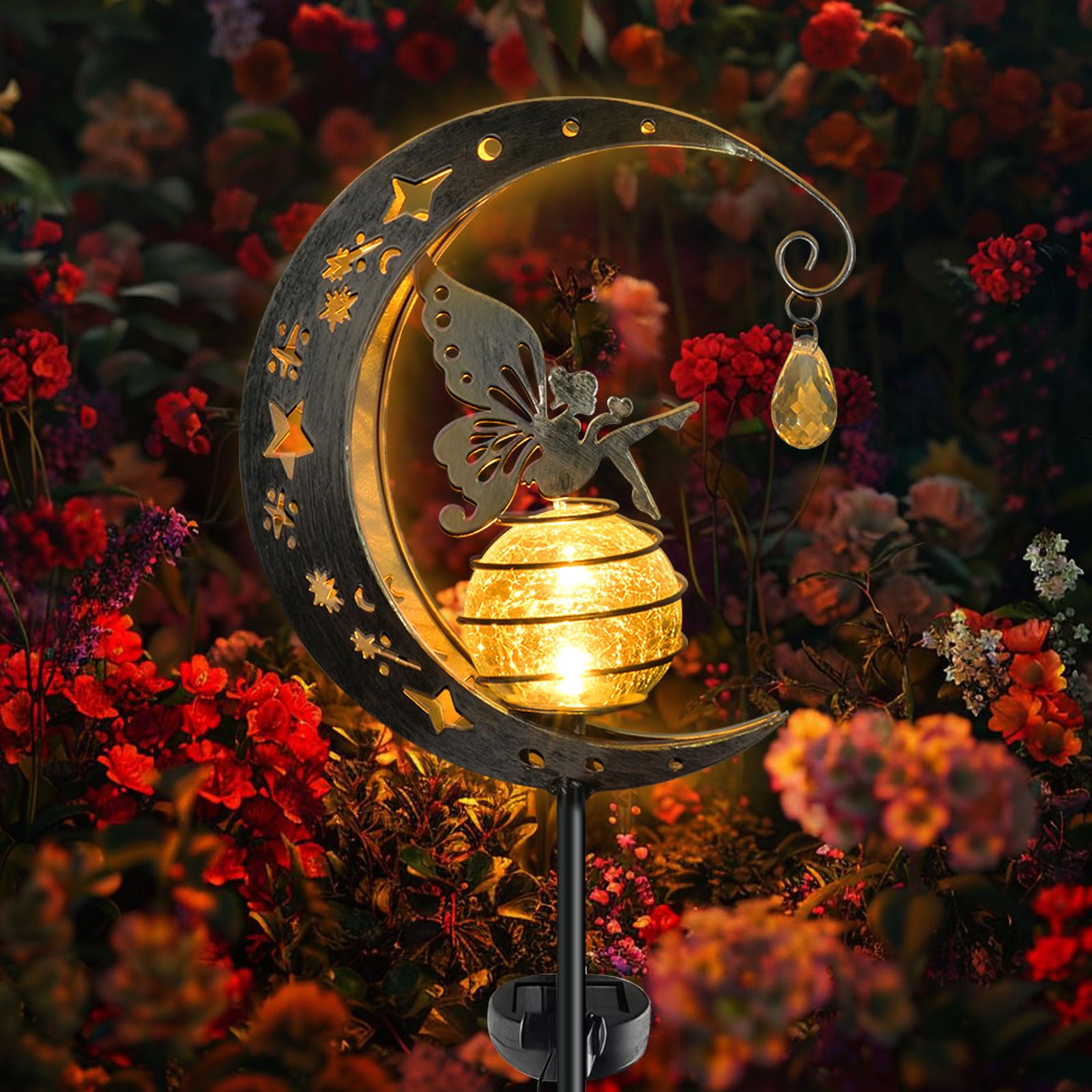 Ninonly Solar Lights Outdoor Garden Ornaments, Metal Moon Fairy Light Waterproof, Decorative Glass Ball Stake Lights, Fairy Garden Decorations for Grave Pathway Yard Patio Lawn