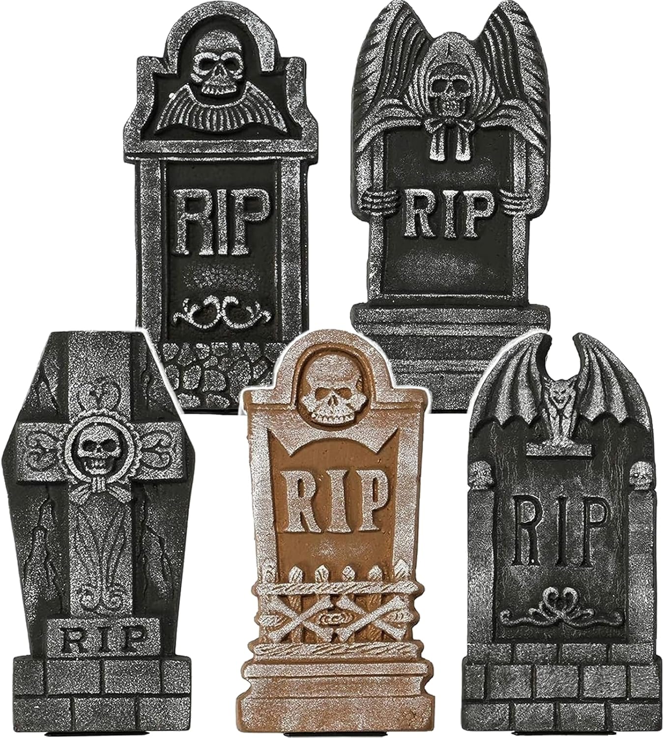 Decorative Garden Stakes - PETPAWJOY 15.5'' Halloween Foam Graveyard Tombstones, 5 Piece Realistic Scary Headstone Decorations and 10 Bonus Metal Stakes for Halloween Yard Decorations