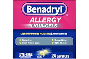 Benadryl Liqui-Gels Allergy Medicine, Dye-Free Liquid Gel Capsules with 25 mg of Diphenhydramine HCl Antihistamine for Relief of Allergy & Cold Symptoms Like Runny Nose & Sneezing, 24 ct
