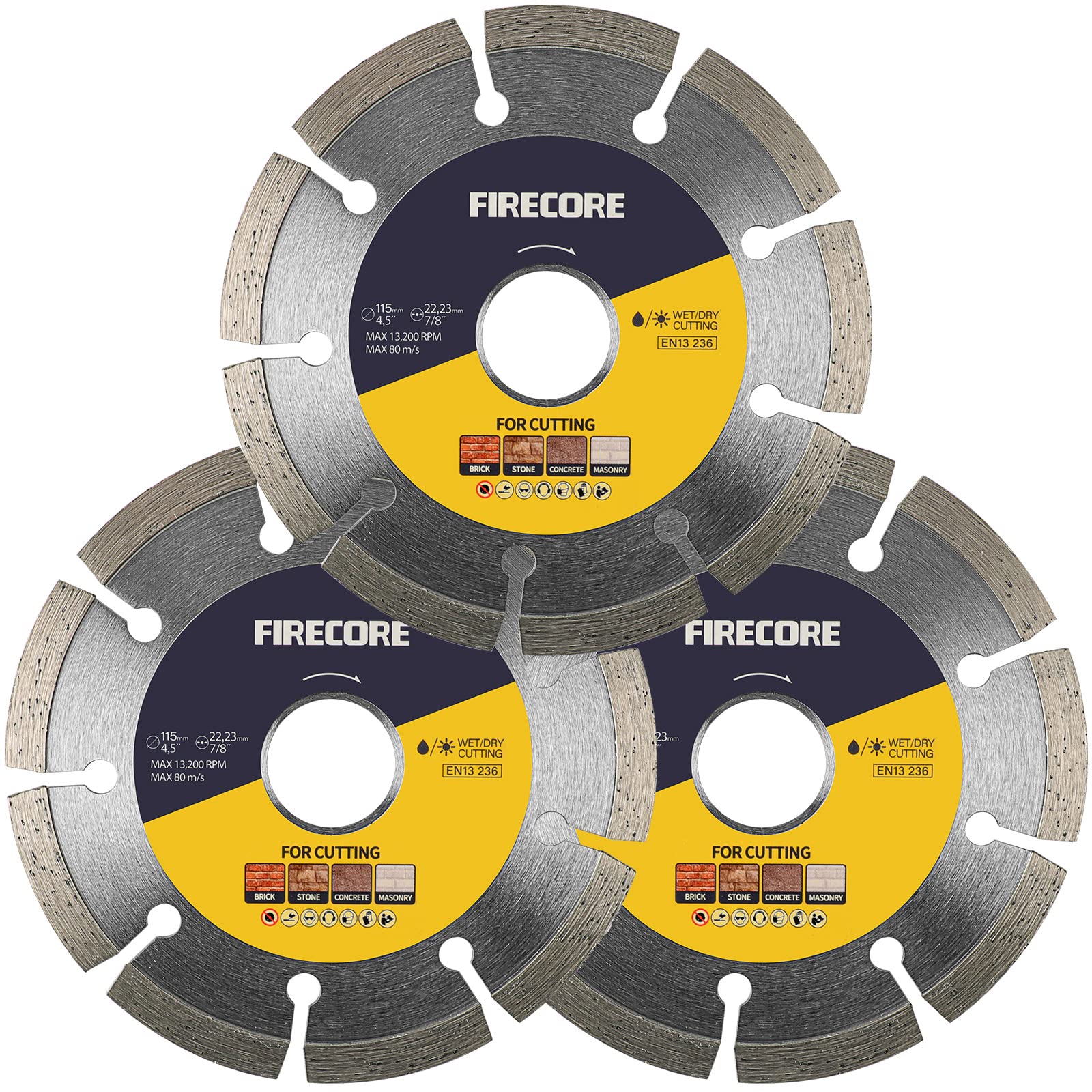 Firecore 3pcs Diamond Cutting Blade, 115mm, Wet & Dry, High Speed Steel, Industrial, Saw Blade, For Concrete, Stone, Brick & Masonry