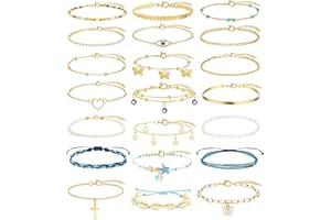 FANDY 21 Pcs Gold Ankle Bracelet for Women Gold Cuban Link Chain Anklet Cute Evil Eye Anklet Gift Set for Teen Girls
