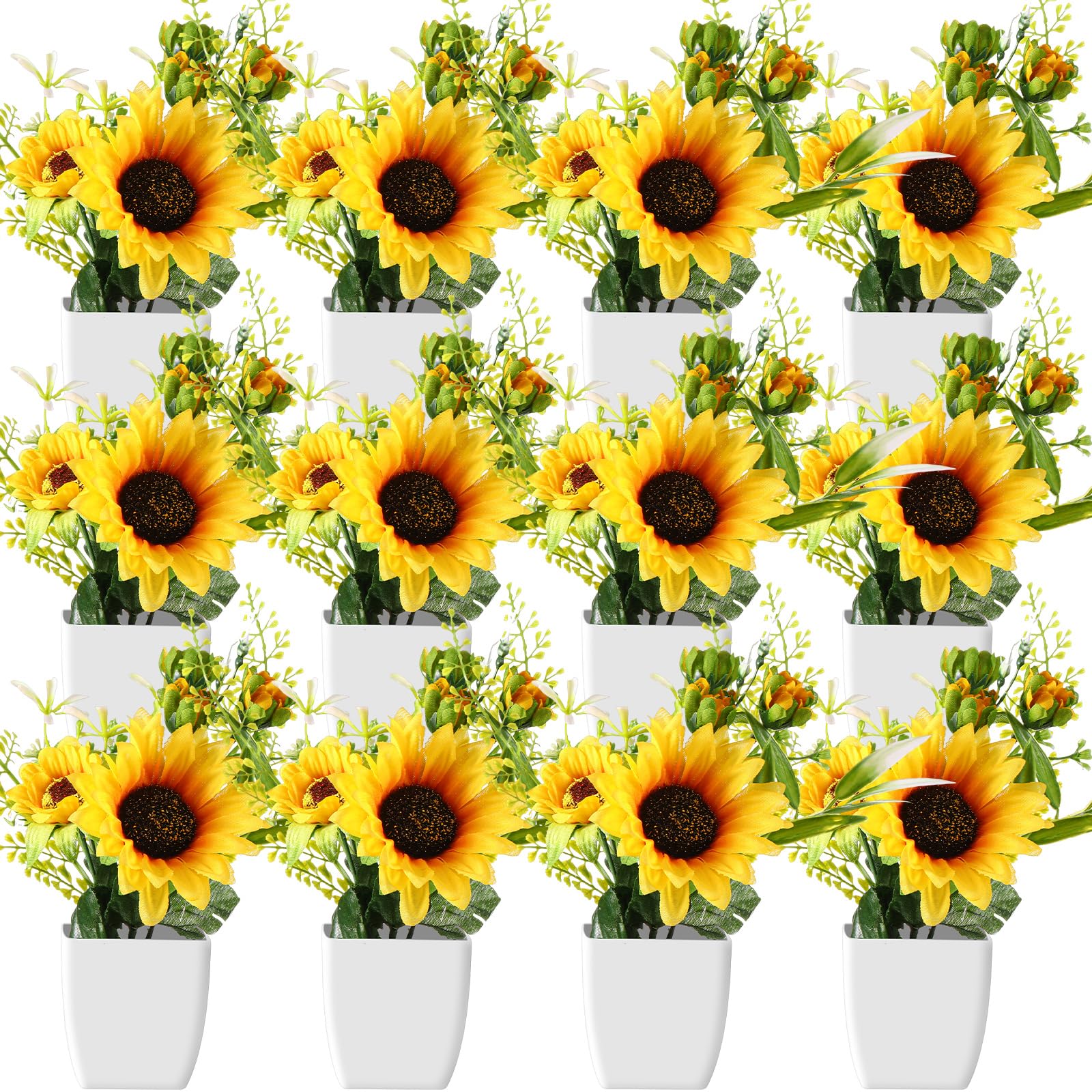 Photo 1 of 12 Pcs Artificial Sunflower Potted Plants Table Centerpieces Spring Summer Sunflowers with Plastic Pot Artificial Flower Arrangement Wedding Party Decoration Rustic Kitchen Decor (Sunflower Style)