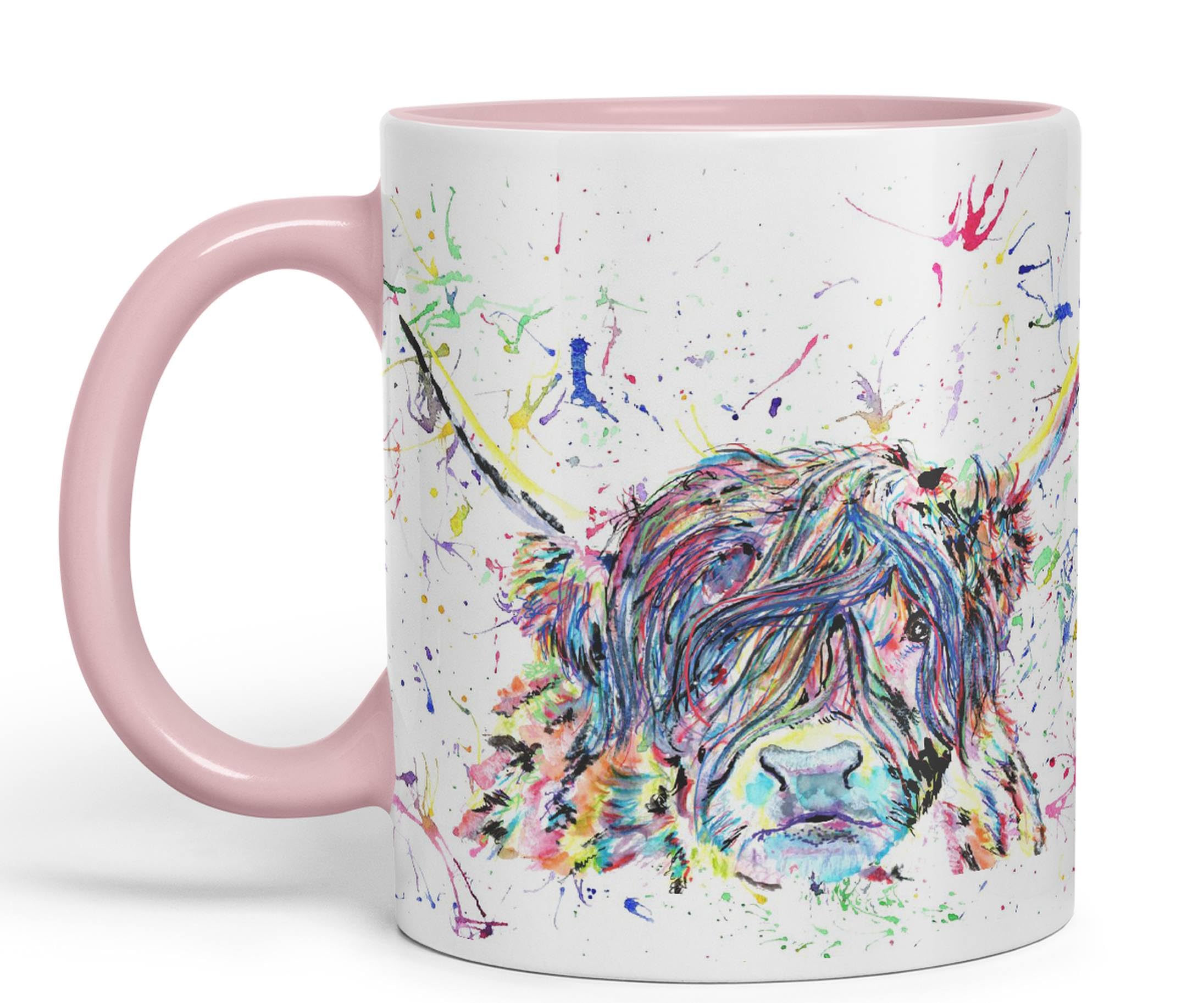 Vixar Highland Cow Scottish Farm Animal Watercolour Rainbow Art Coloured Mug Cup, Gift, Birthday, Work, Office, Christmas Tea Coffee (Pink)