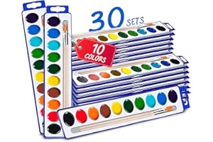 KIGGOS 10-Color Water Color Paint Sets for Kids 30 Pack Bulk Watercolor Paint Set Washable Acuarelas Watercolor Palette Mini Paint Sets for Kids Party Favor Classroom Water Paint Kit 2 Wood Brushes Included
