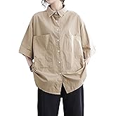 ellazhu Women Short Sleeve Solid Color Button Down Pockets Tops Shirt Blouse GA2325