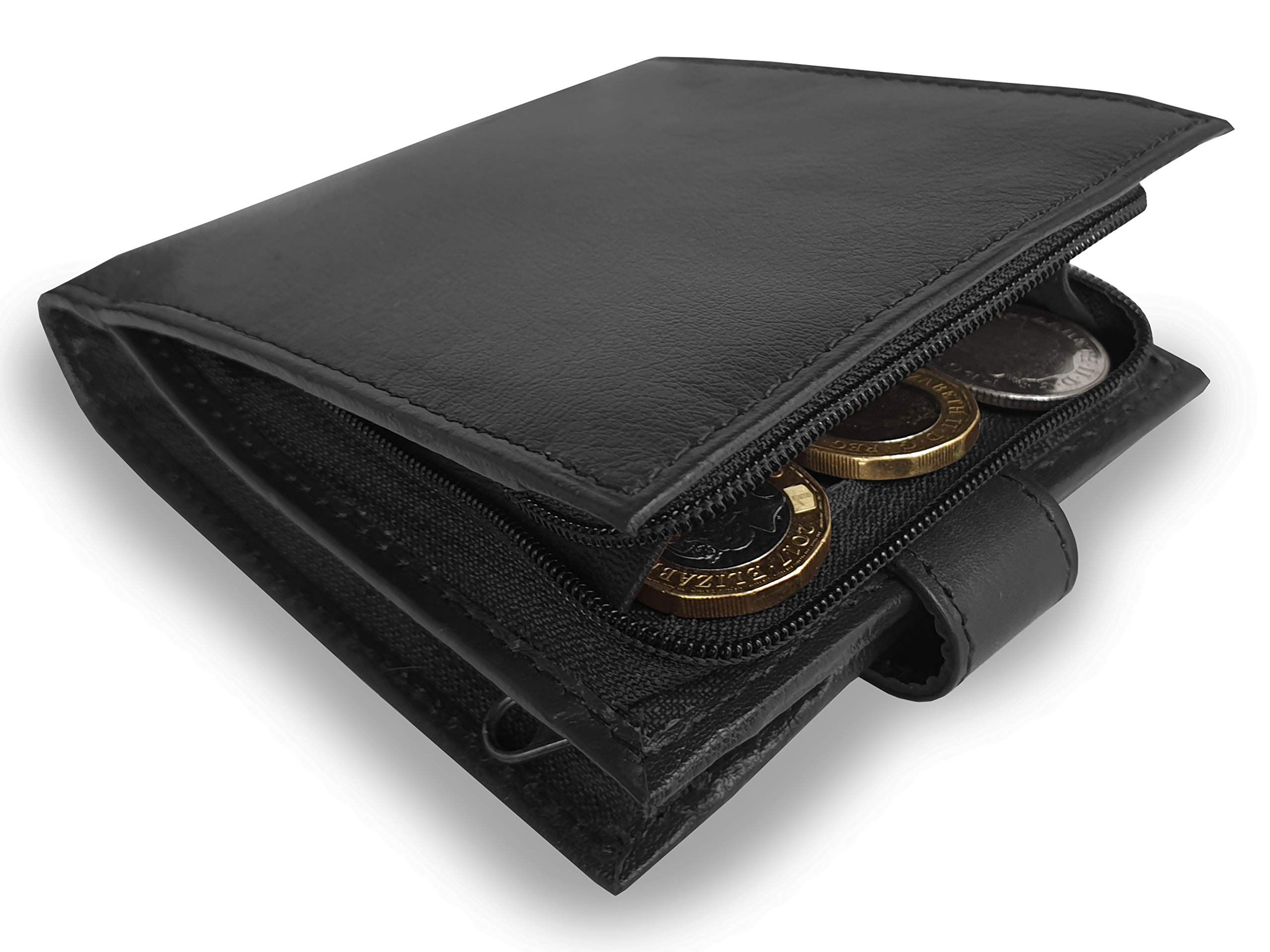 Roamlite Real Leather Mens Mans Wallet - Zipped Zip Up Bank Note Section - Rear Zip Around Separate Coins Pocket Pouch - 11cm x9cm x2cm - RL180KA (Black NOT R*F*I*D Blocking)
