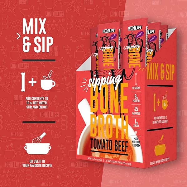 LONOLIFE TOMATO BEEF BONE BROTH POWDER MIX | GRASS-FED, 10G PROTEIN | COLLAGEN-RICH, KETO & PALEO FRIENDLY | NATURAL INGREDIENTS | 4 PORTABLE STICK PACK SERVINGS