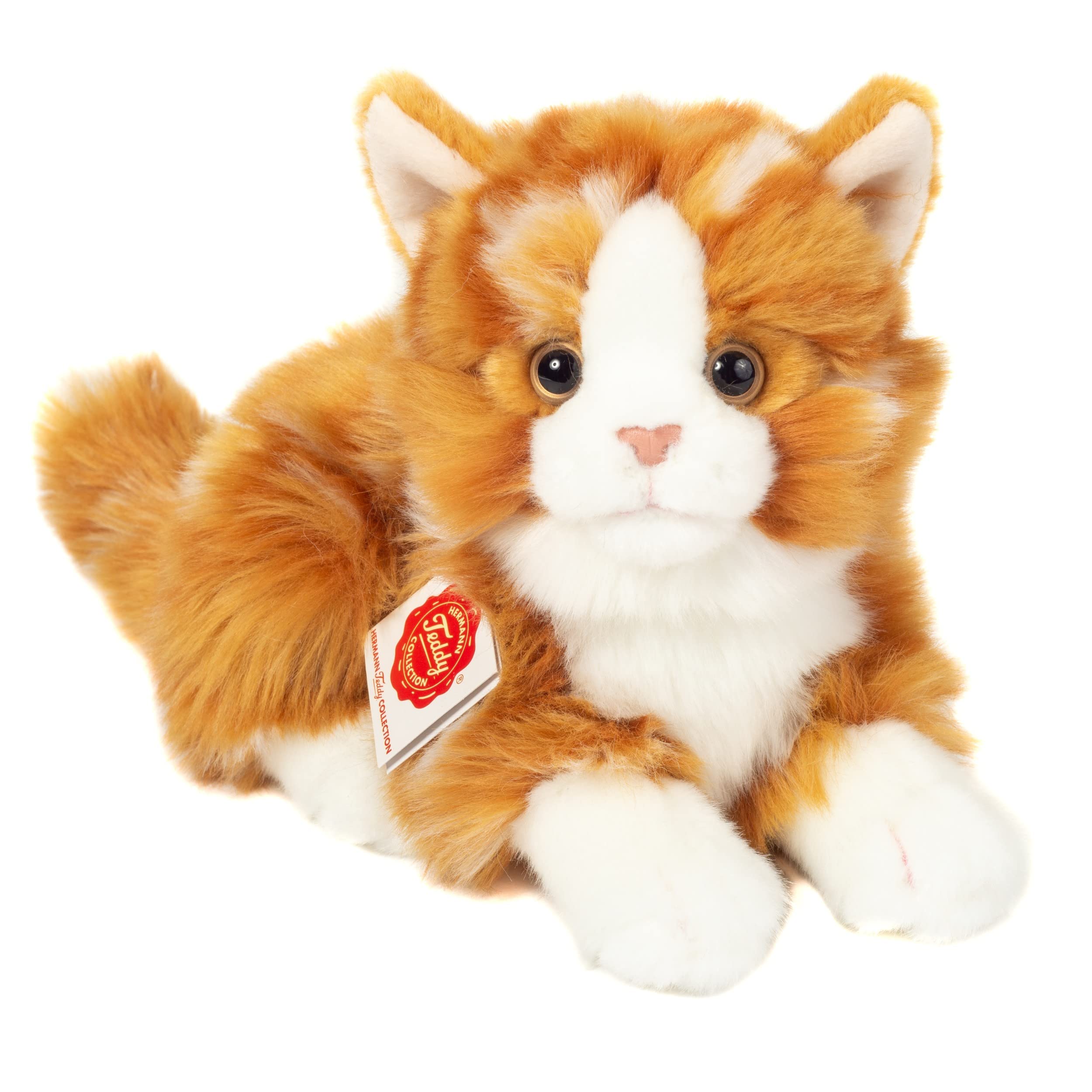 Teddy Hermann 91837 Cat lying red tiger 20 cm, cuddly toy with 75% recycled filling material