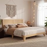 Garvee Bohemian Queen Rattan Bed LED Natural Headboard Bedroom | Bohemian queen rattan bed with natural headboard, LED lights, solid wood frame. No box spring needed for bedroom use.