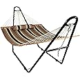 Sunnydaze Double Quilted Fabric Hammock with Universal Steel Stand - 450-Pound Capacity - Black Stand - Sandy Beach