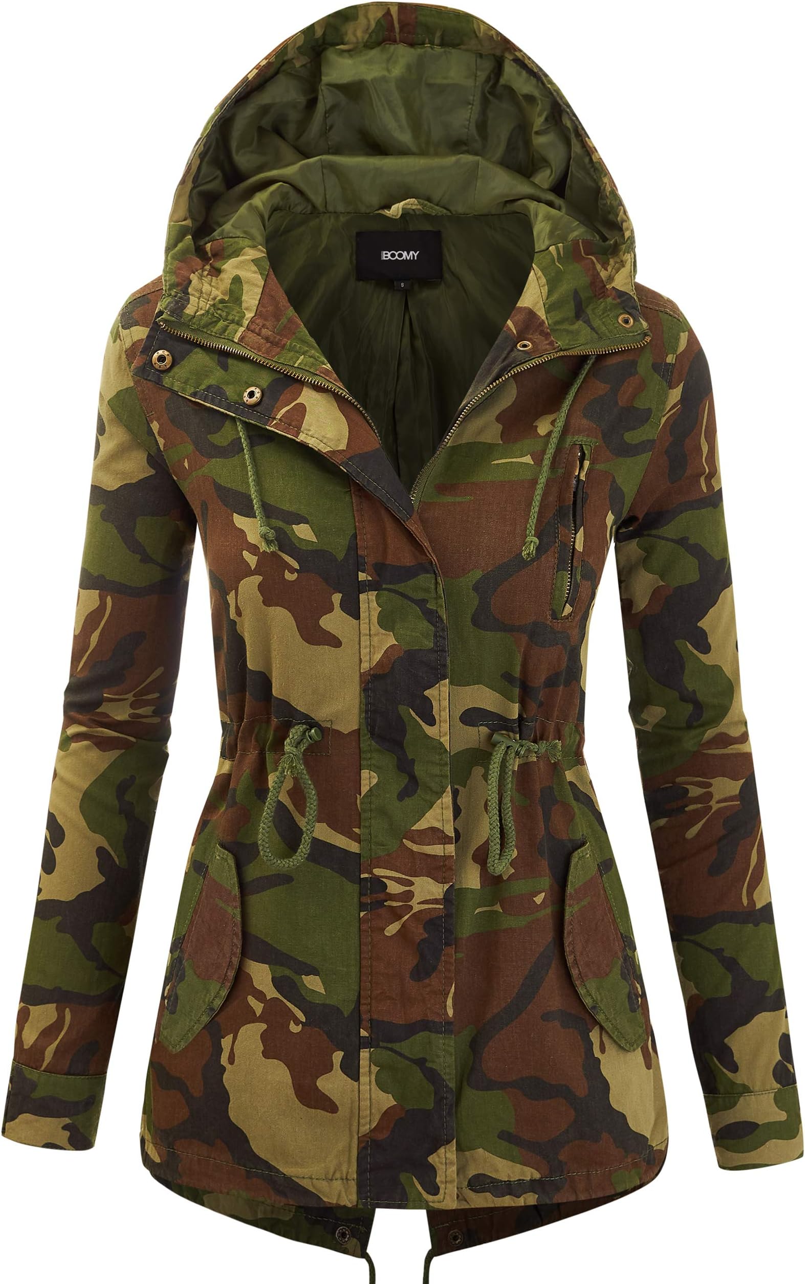 FASHION BOOMY Women's Zip Up Safari Military Anorak Jacket with Hood Drawstring - Regular and Plus Sizes
