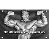 3x5 Feet Schwarzenegger Polyester Flag - Start Wide Expand Further and Never Look Back - Inspirational Office Gym Wall Single Sided Decor Flag with 4 Brass Grommets - Arnold Gym Motivational Poster