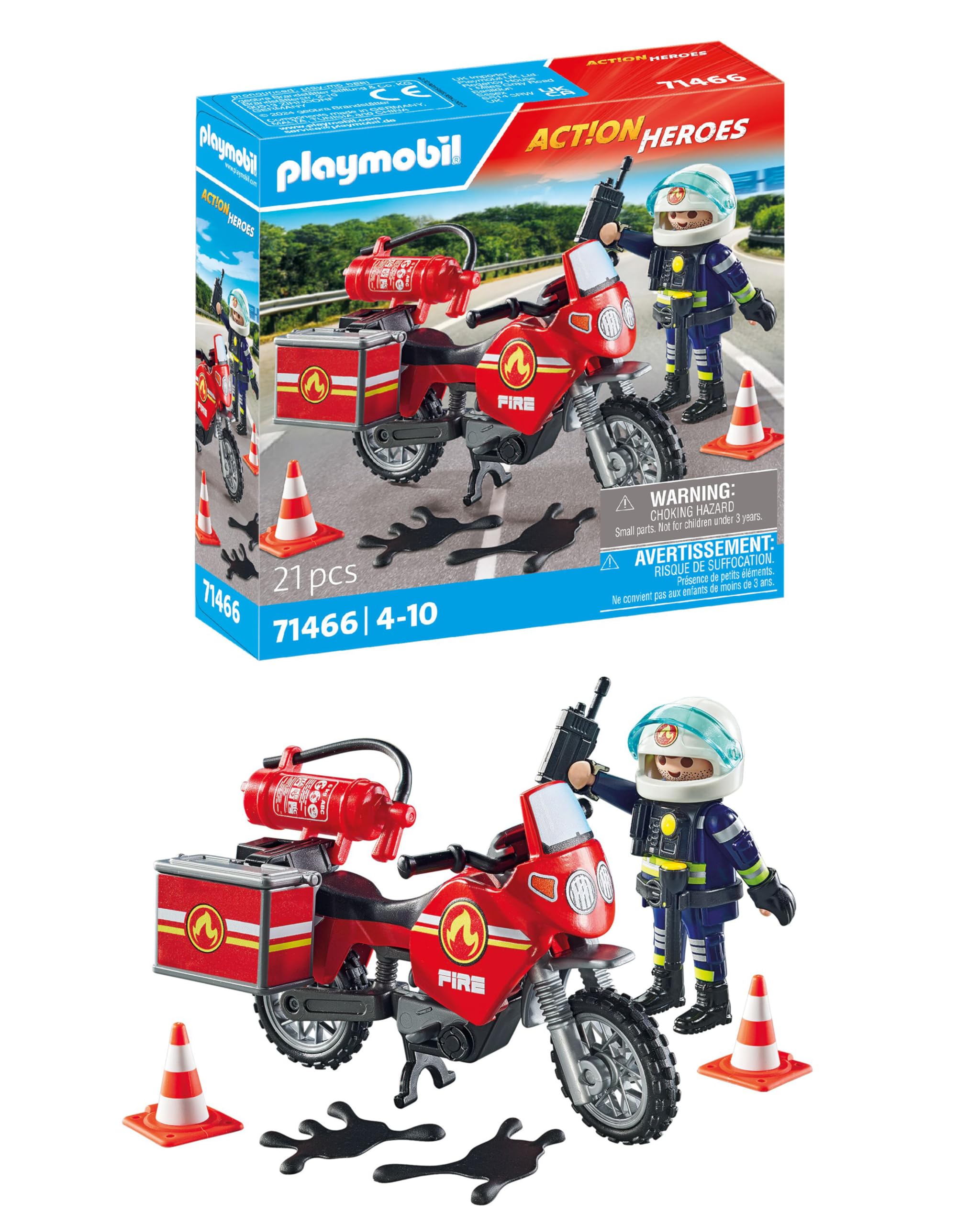 Playmobil 71466 Action Heroes: Motorcycle & Oil Spill Incident, with a radio and a fire extinguisher, fun imaginative role-play, realistic play sets suitable for children ages 4+ — image 1