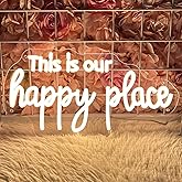 This is Our Happy Place Neon Sign Happy Place Neon Signs for Wall Decor Dimmable Warm White LED Signs for Bedroom Classroom Man Cave Home Bar Birthday Party Decor Neon Classroom Sign
