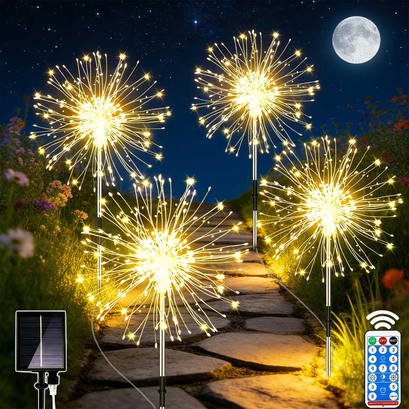 Joycome Garden Solar Lights, 4x120 LED Firework Solar Lights Outdoor Garden, 8 Modes Starburst Light Waterproof Dandelion Light DIY for Yard Lawn Balcony Flowerbed Patio Pathway Party Decor