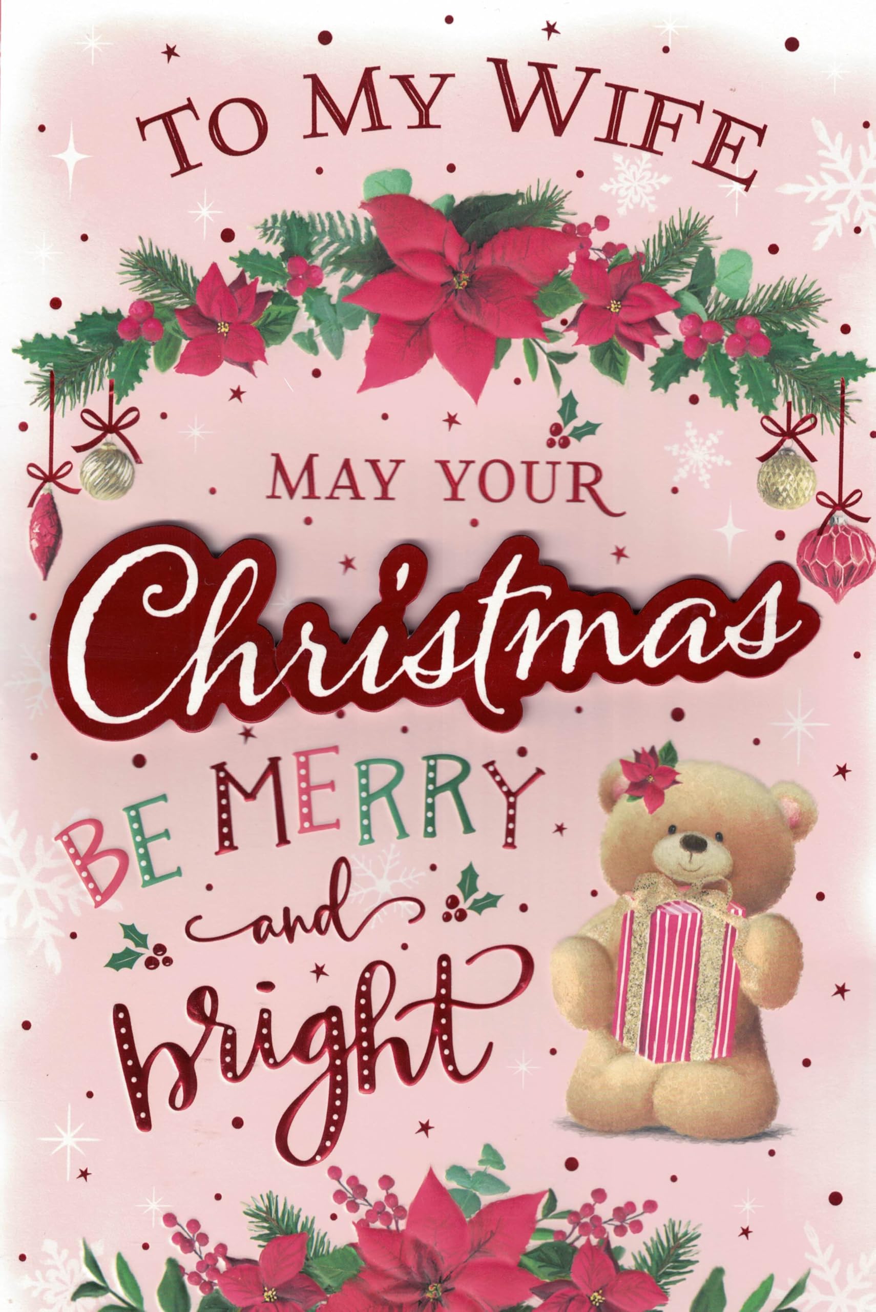 "Christmas Card for Wife – Large Romantic Holiday Greeting Card with 8-Page Insert, Festive Design with Teddy Bear & Poinsettias, Merry & Bright Love Card for Her"
