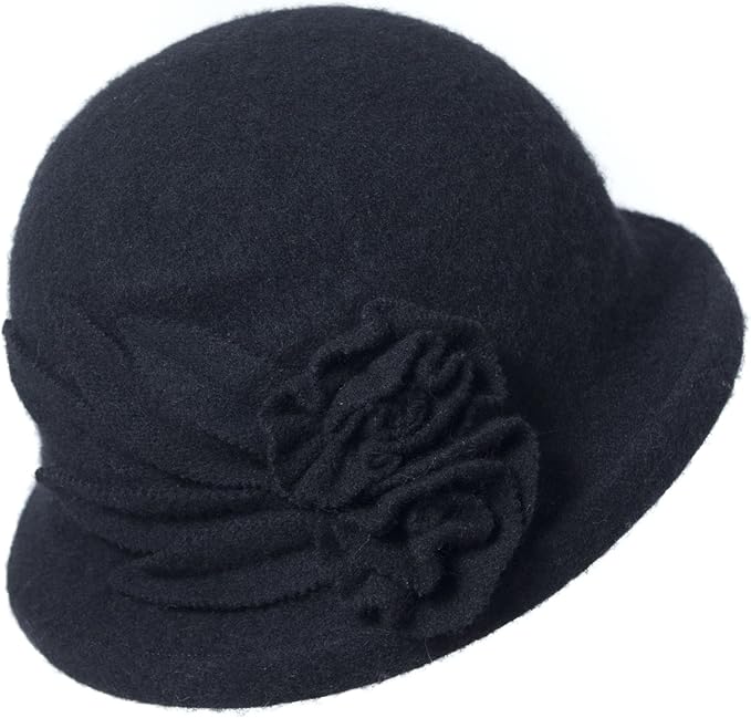 Black Vintage Wool Cloche Bucket Hat w/Flower Accent