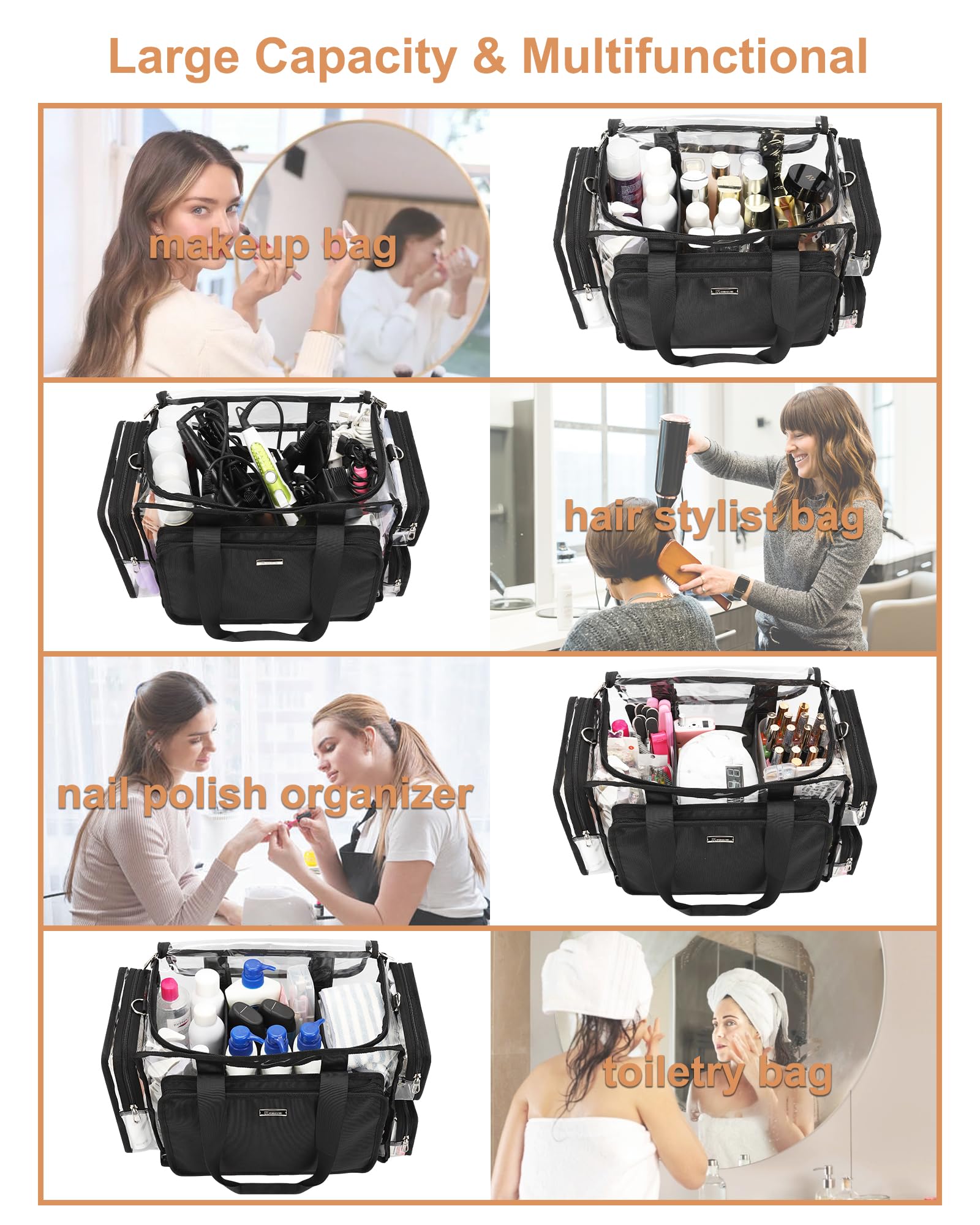 Relavel Clear Makeup Bag Extra Large Makeup Artist Kit Set, Cosmetic Storage Organizer Hair Stylist Traveling Bag, Transparent Tote Duffle Beach Toiletry Bag with Adjustable Dividers & Shoulder Strap