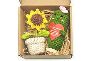 MEGANJDESIGNS Emotional Support Pickle Funny Gifts, 2Pcs Positive Sunflower Pot Desk Decoration Crochet Birthday Gifts for Women Mom Best Friend (Cute Pickle Girl & Sunflower)