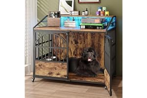 BOINN 44 Inch Heavy Duty Dog Crate Furniture with 3 Doors, Dog Kennel with 360° Stainless Steel Bowls, Lockable Wheels, Wood Dog Cage End Table with Led Light, Pet Crate Dog Cage for Large/Medium/Small Dogs