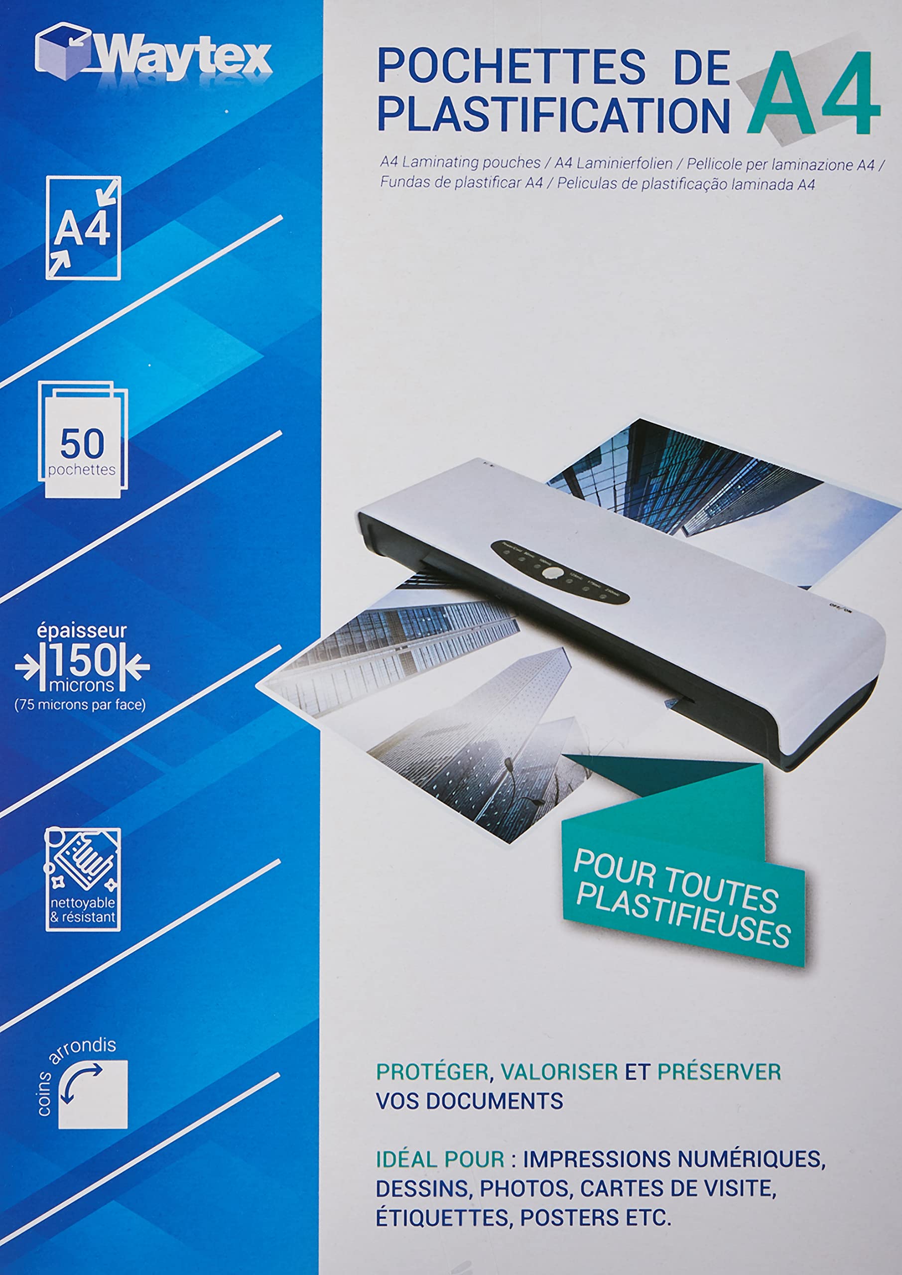 Waytex Pack of 50 A4 Laminating Sheets 75 Microns Glossy Finish Transparent