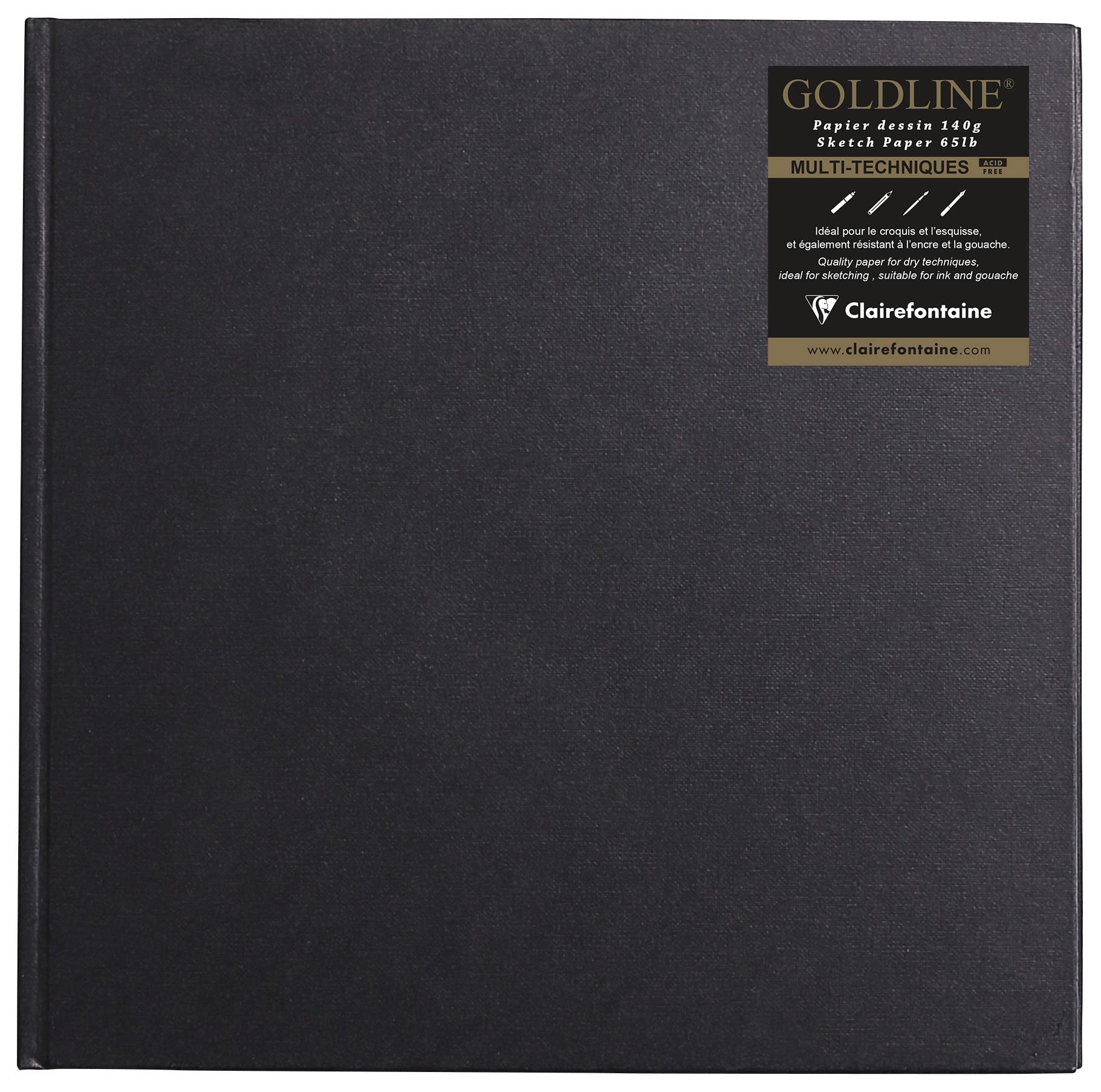 Clairefontaine - Ref 34251C - Goldline Casebound Square Pad (64 Ivory Sheets) - 25 x 25cm Size, 140gsm Paper, Square Layout - Black Cover - Suitable for Dry Techniques