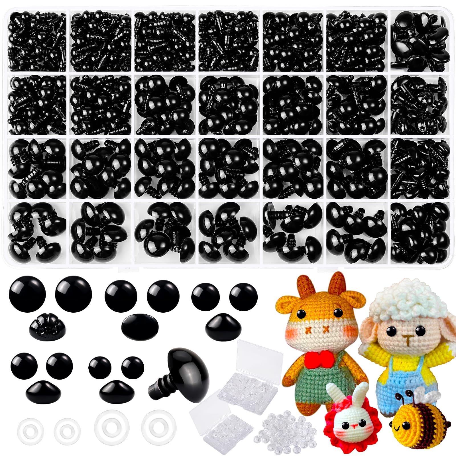 WIURGOHA 1000 Pcs 6-14mm Black Plastic Safety Eyes with Washers for Crochet, Craft Doll Eyes, DIY Accessories, Amigurumi