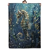 TRYYN Underwater Retro Seahorse Throw Blanket for Couch Picnic Camping Bedroom Decor, Deep Ocean Blue Marine Life, Super Soft Cozy Warm Fluffy Fleece Blankets Gifts for Kids Adults, 60x50 Inch