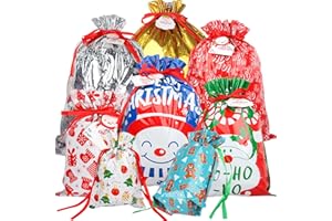 40PCS Christmas Gift Bags Bulk with Drawstring, Assorted Sizes, Reusable Santa Sacks Plastic Gift Bags Set with NameTags for 