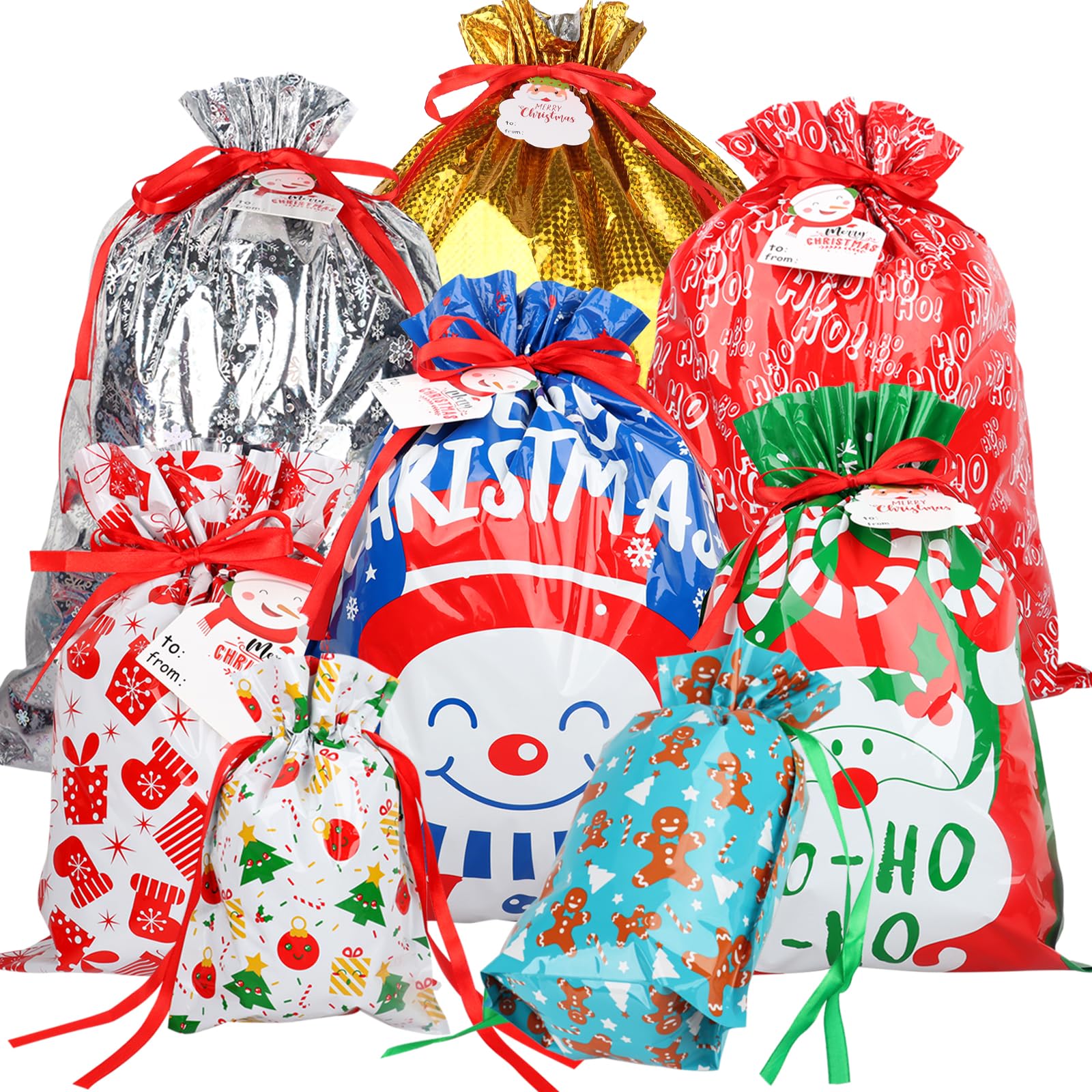 Drawstring Christmas Bags Bulk-40PCS Reusable Christmas Foil Gift Bags, Santa Wrapping Bag for Presents Assorted Sizes,Xmas Present Gift Bags with Tags,Xmas Wrapping Bags, Holiday Party Favor Bag