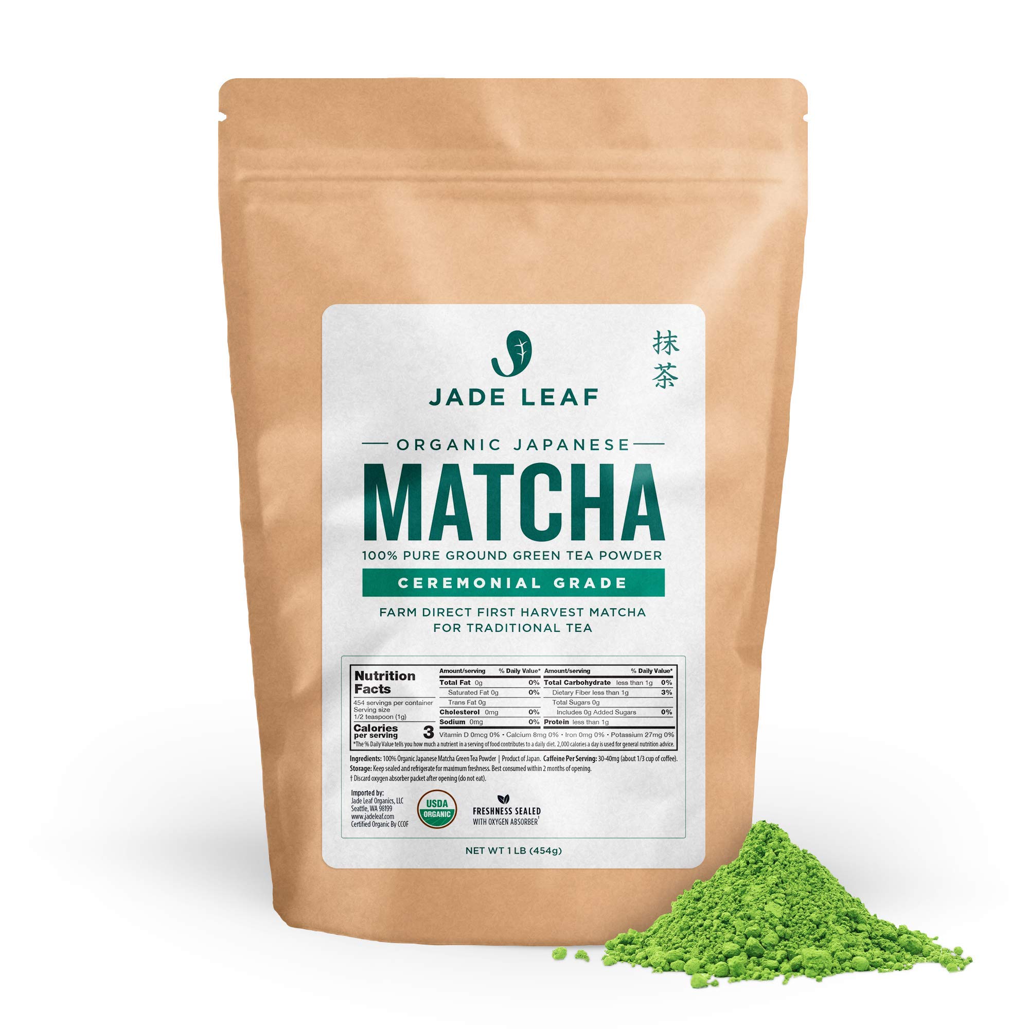 Jade Leaf Organic Matcha Green Tea Powder - Authentic Japanese Origin - Premium First Harvest Ceremonial Grade (1 Pound)