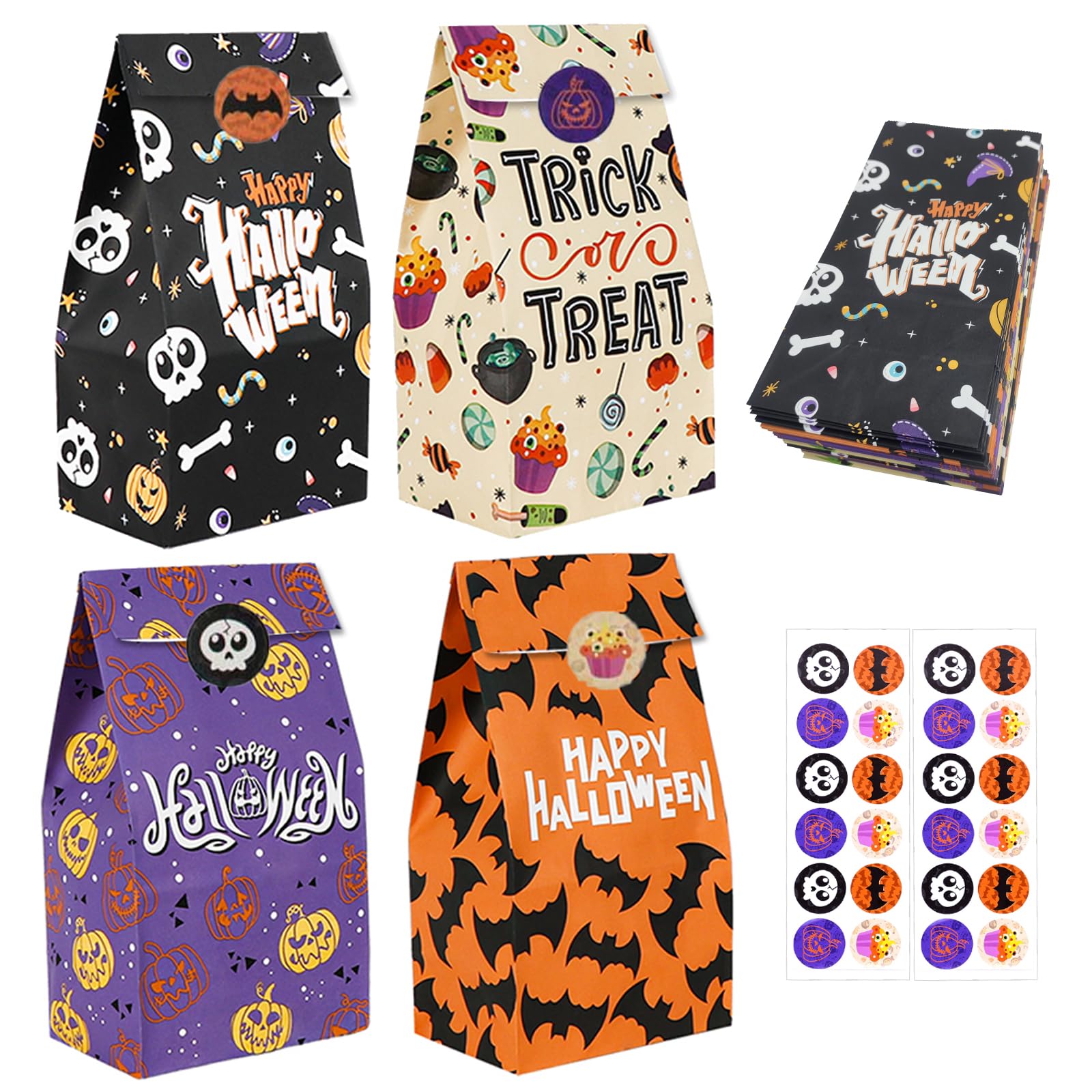 IHCEMIH Party Bags, 24 PCS Halloween Paper Gift Bag Treats Favour Bags Goodie Sweet Popcorn Cookie Candy Trick or Treat Bags with 24 Stickers for Halloween Party Favours Supplies — image 1