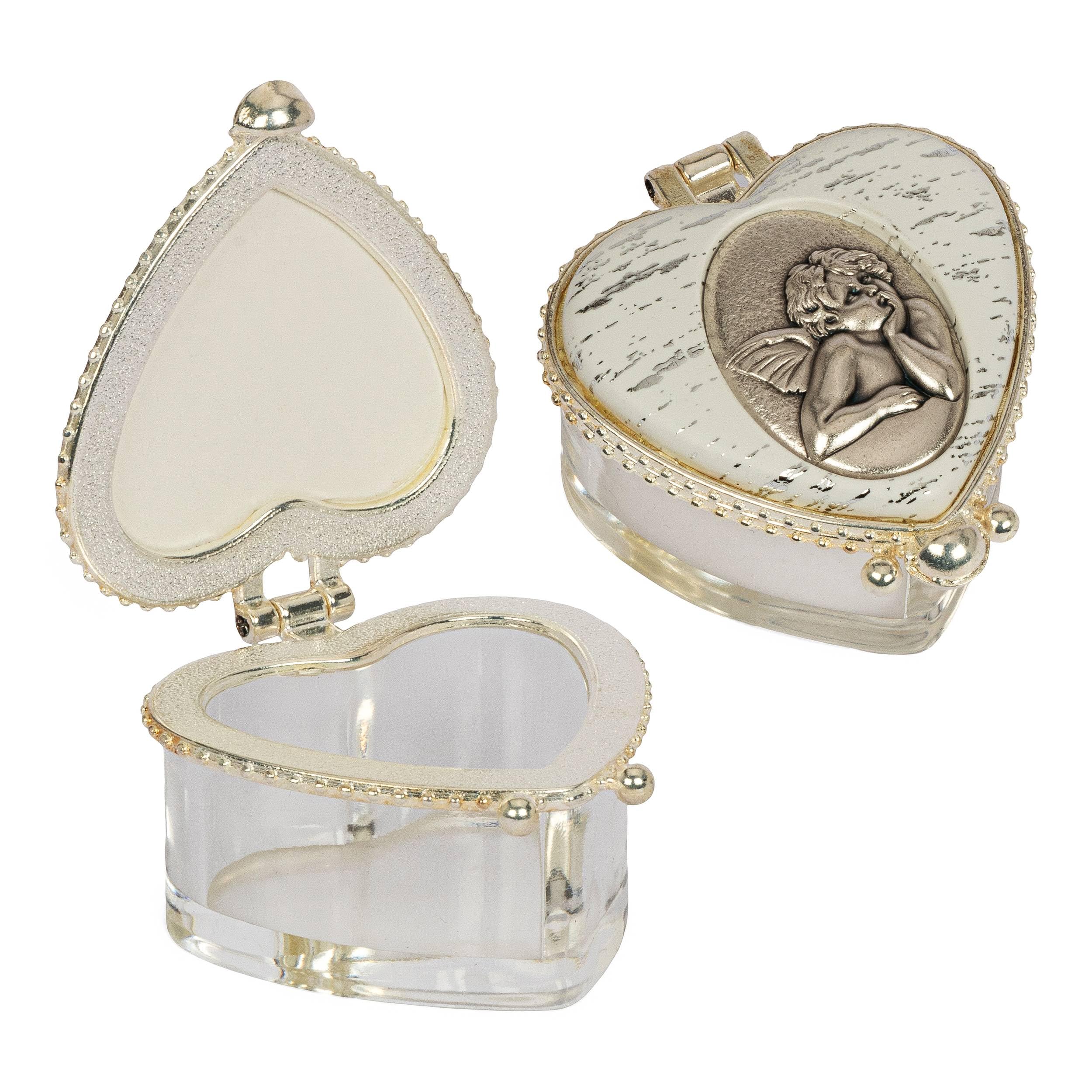 NKlaus heart rosary case glass box round transp flap lid pearl white communion 2540