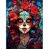 Sugar Skull Girl Diamond Painting DIY 5D,Numbering Kit,Day of Death Artwork Red Rose Wall Art Healthy Breakfast Crystal Rhinestone Embroidery Pictures Home Decor Adults Mexico Gift(12''Wx 16''H)