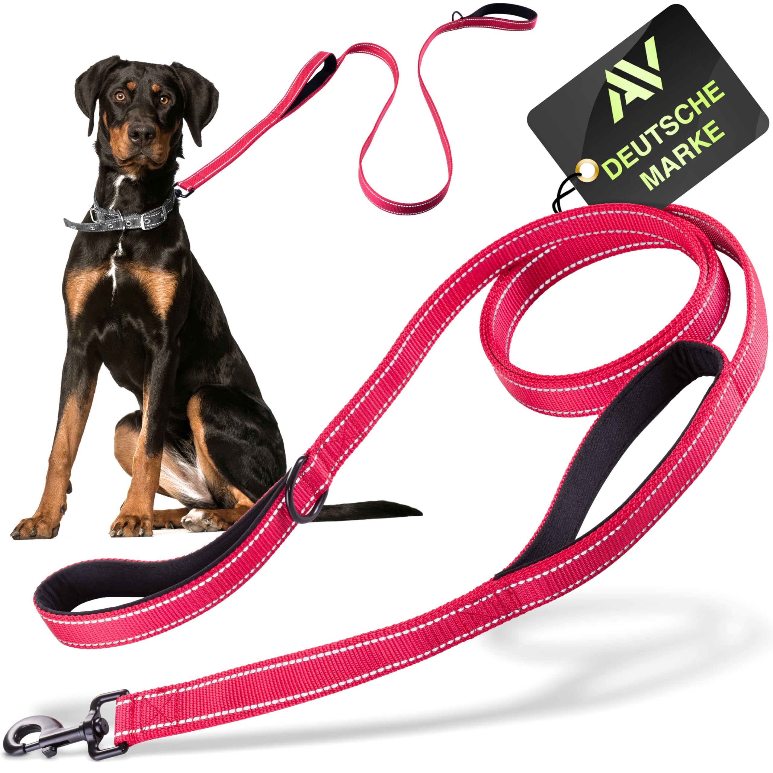 Reflective dog leash with integrated short lead | 2 hand-friendly padded hand loops | 1.5 meter long reflector nylon leash for large and medium-sized dogs - red