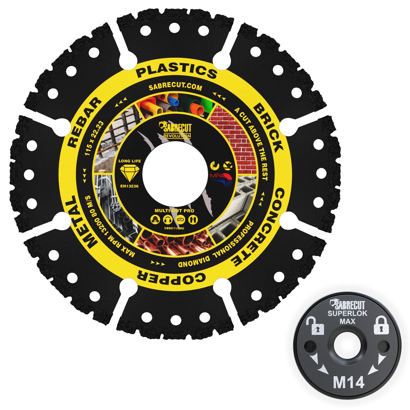 SabreCut VB115MUGRA 115mm (4.5 inch) x 22.23mm Bore Vacuum Brazed Multi Material Cutting Angle Grinder Diamond Disc Blade and 46mm M14 Quick Change Heavy Duty Grinder Locking Retaining Flange Nut Kit