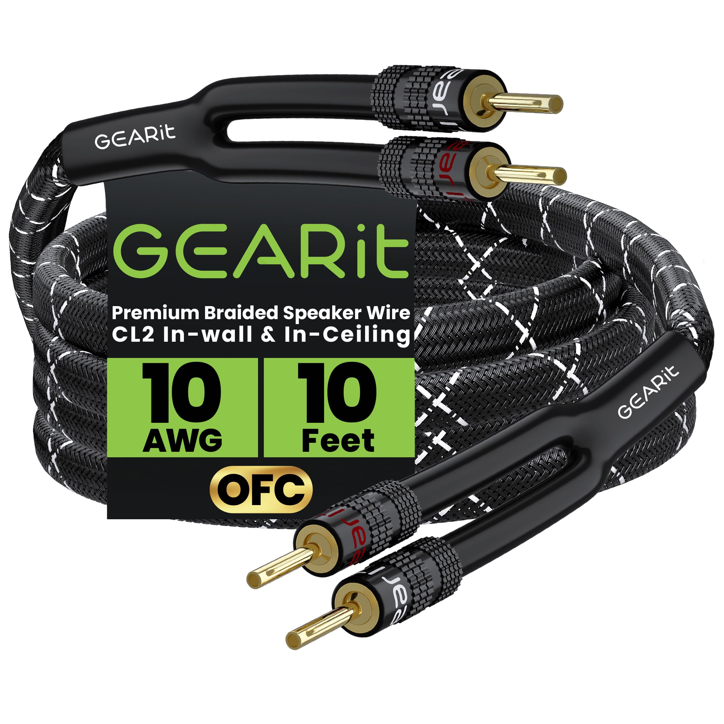 GEARit 10AWG Speaker Cable Wire with Gold-Plated Banana Tip Plugs (10 Feet) In-Wall CL2 Rated, Heavy Duty Braided, 99.9% Oxygen-Free Copper (OFC) - Black
