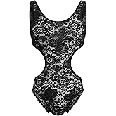 ABAFIP Men's Sissy Lace Bodysuit Floral Sheer See Through Sleeveless Cutout Leotard Crossdress Lingerie
