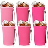 LemonRoad 6 Pack Pink Iced Coffee Cup Sleeve Reusable Insulated Neoprene Beverage Holder for Cold Drinks Durable Drink Sleeve for Iced Coffee, Fits 22-24 Ounce