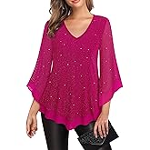 Lotusmile Womens Dressy Blouse Double Layers Mesh Shirt Ruffle 3/4 Flared Sleeve Tunic Tops