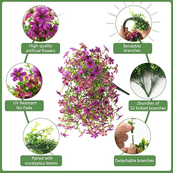 INQCMY ARTIFICIAL FLOWERS FOR OUTDOOR FAUX HANGING PLANTS SPRING SUMMER DECORATION 2 PCS FAUX FLOWERS FOR PLANT POT UV RESISTANT LOOK REAL FOR OUTSIDE HOME GARDEN ENTRANCE COURTYARD